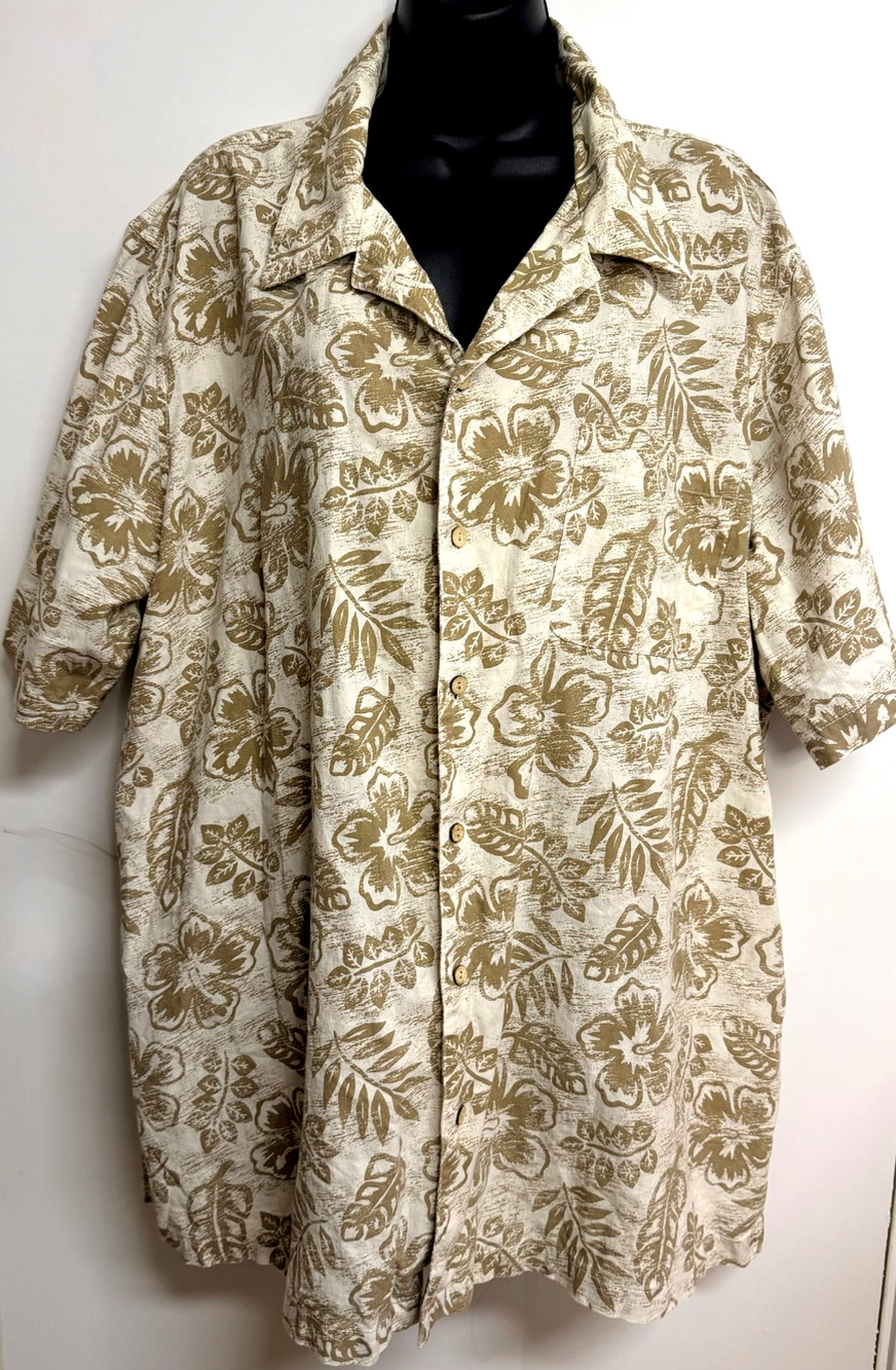 KingSize Big Tall Camp Shirt XL Men Beige Tan Floral Short Sleeve Hawaiian Aloha